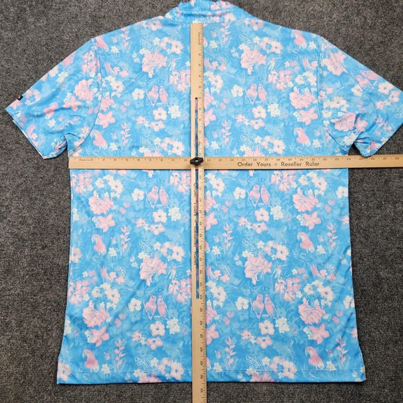 Bad Birdie Polo Shirt Mens 2XL Blue Pink Floral Bird Print Golf Performance - Picture 4 of 7